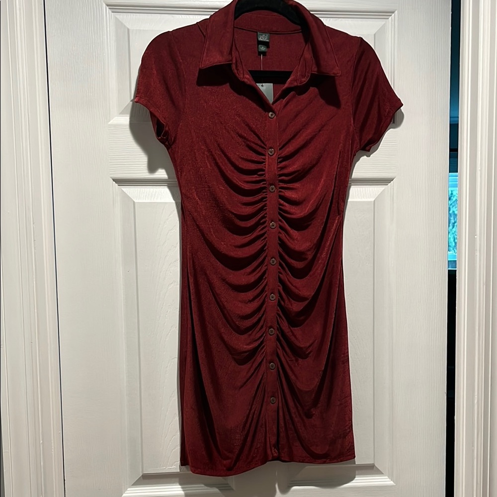 Wild Fable Red Ruched Midi Dress with Notched Collar